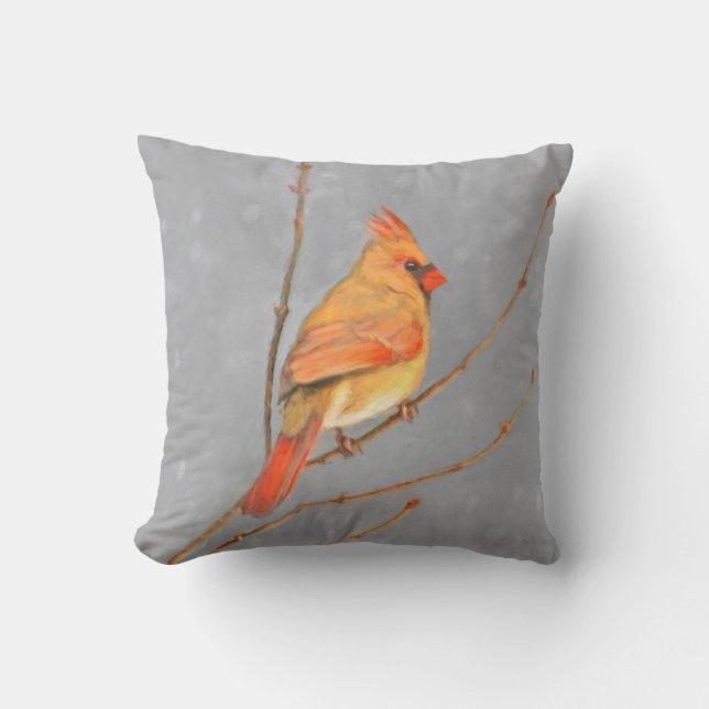 Cardinal on Branch Painting - Original Bird Art Outdoor Pillow (Front)