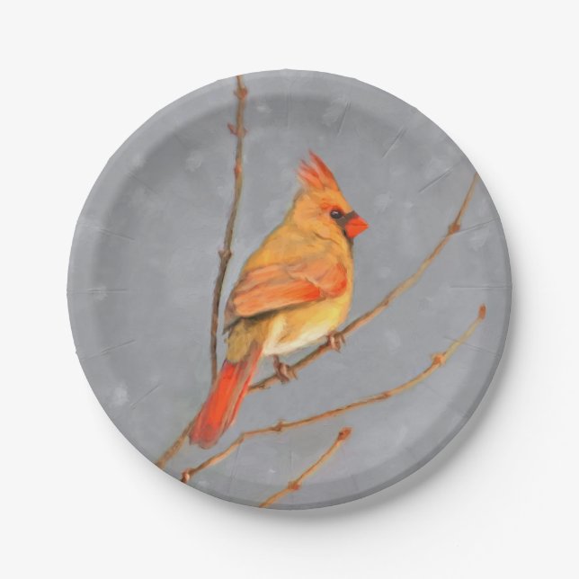 Cardinal on Branch Painting - Original Bird Art Paper Plates (Front)
