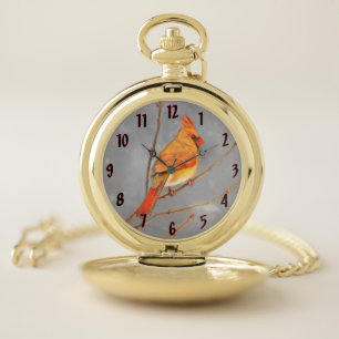 Cardinal on Branch Painting - Original Bird Art Pocket Watch
