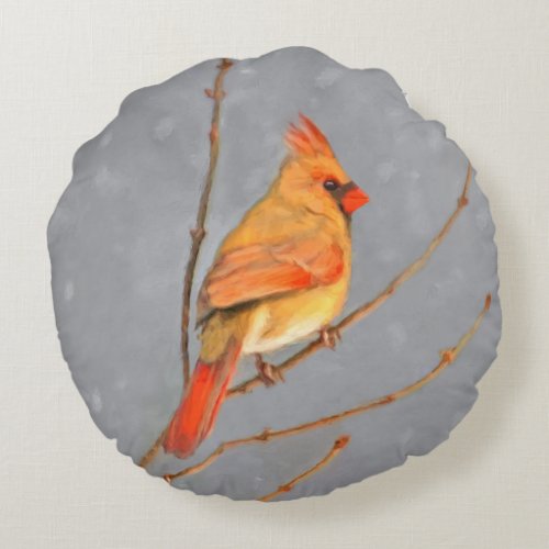 Cardinal on Branch Painting _ Original Bird Art Round Pillow