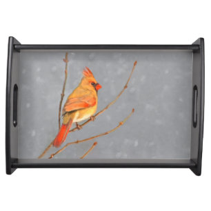 Cardinal on Branch Painting - Original Bird Art Serving Tray