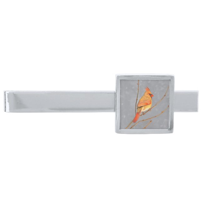 Cardinal on Branch Painting - Original Bird Art Silver Finish Tie Bar (Front)