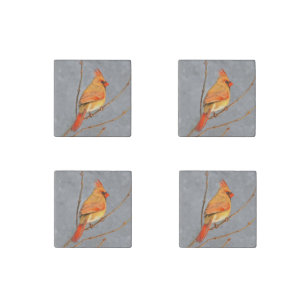 Cardinal on Branch Painting - Original Bird Art Stone Magnet