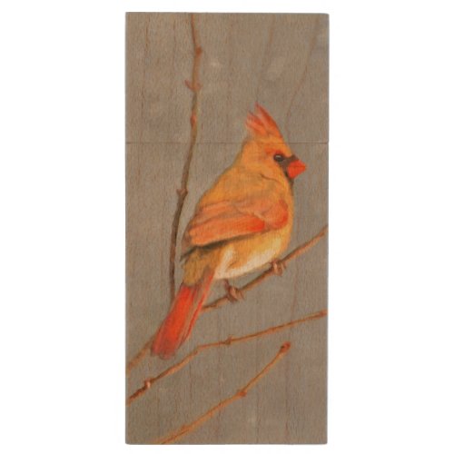 Cardinal on Branch Painting _ Original Bird Art Wood Flash Drive