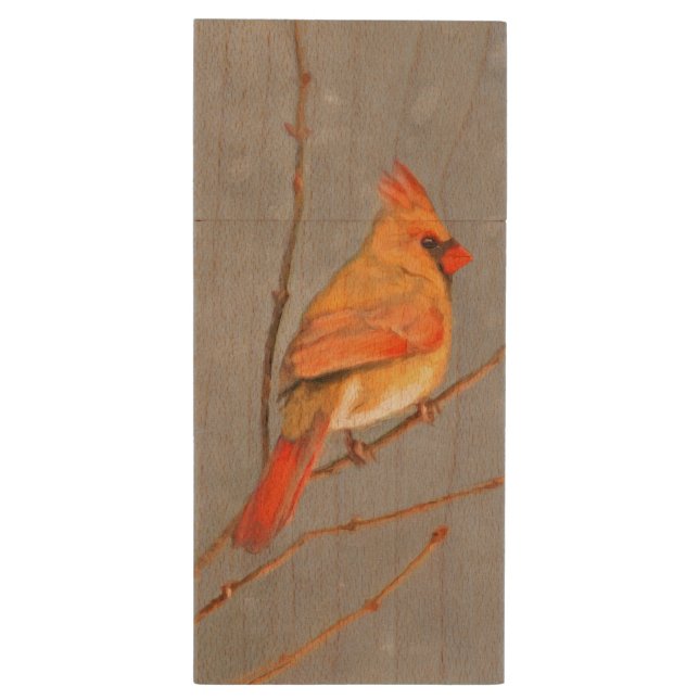 Cardinal on Branch Painting - Original Bird Art Wood Flash Drive (Back (Vertical))