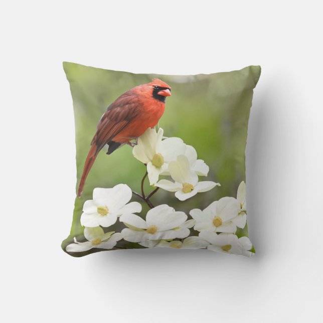 Cardinal on Dogwood Throw Pillow (Front)
