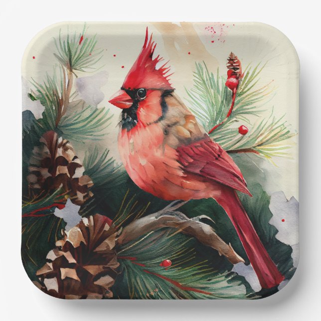 Cardinal on Evergreen in Christmas Winter Scene Paper Plates (Front)