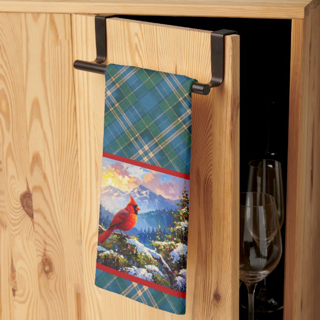Cardinal on Green, Blue, Gold, Christmas Plaid Kitchen Towel (Thirds Fold)
