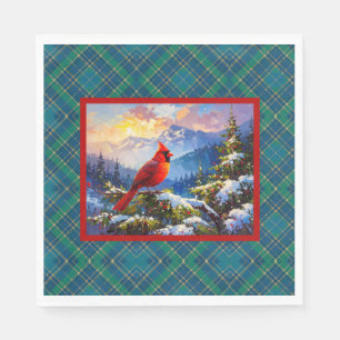 Cardinal on Green, Blue, Gold, Christmas Plaid Napkins