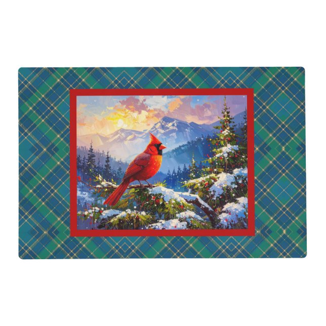 Cardinal on Green, Blue, Gold, Christmas Plaid Placemat (Front)