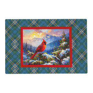 Cardinal on Green, Blue, Gold, Christmas Plaid Placemat