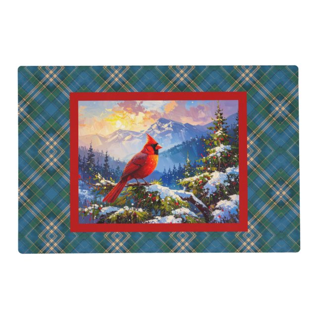 Cardinal on Green, Blue, Gold, Christmas Plaid Placemat (Front)
