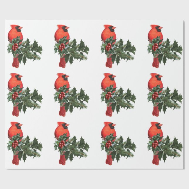 Cardinal on Holly 3 Wrapping Paper (Flat)