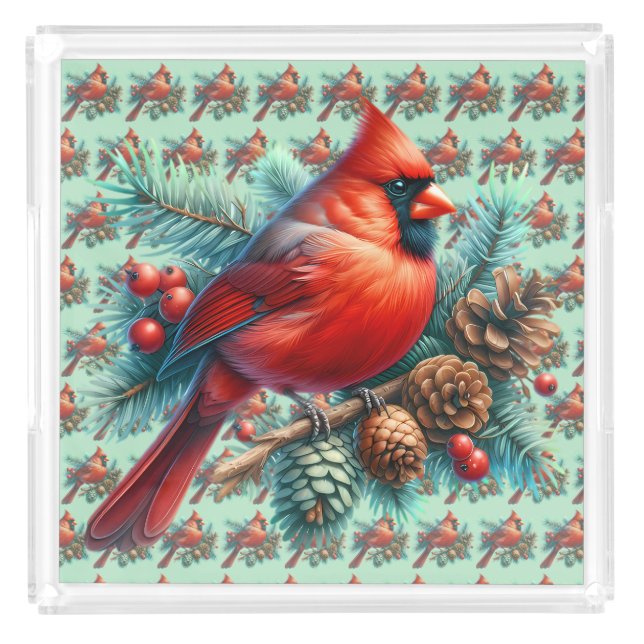 Cardinal on Pine Branch with Winter Berries Acrylic Tray (Front)