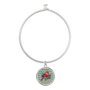 Cardinal on Pine Branch with Winter Berries Bangle Bracelet