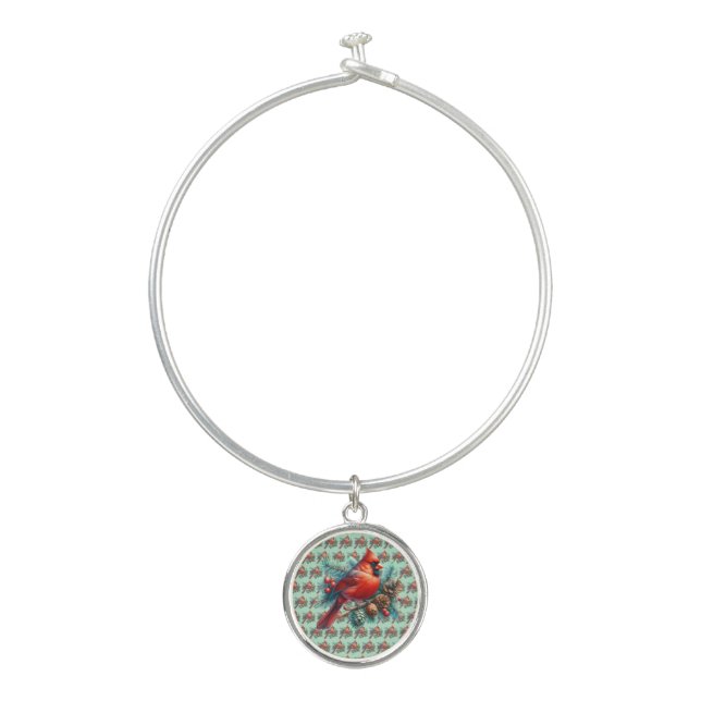 Cardinal on Pine Branch with Winter Berries Bangle Bracelet (Front)