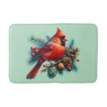 Cardinal on Pine Branch with Winter Berries Bath Mat