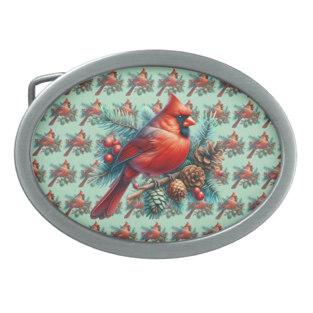 Cardinal on Pine Branch with Winter Berries Belt Buckle (Front)
