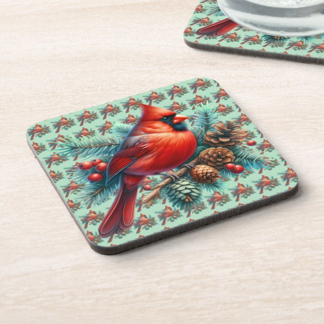 Cardinal on Pine Branch with Winter Berries Beverage Coaster (Left Side)