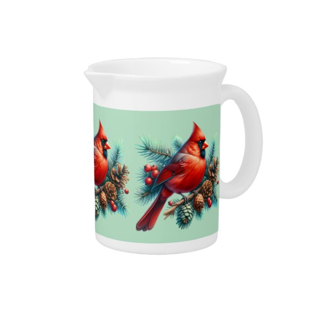 Cardinal on Pine Branch with Winter Berries Beverage Pitcher (Right)
