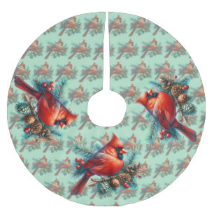 Cardinal on Pine Branch with Winter Berries Brushed Polyester Tree Skirt