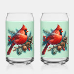 Cardinal on Pine Branch with Winter Berries Can Glass