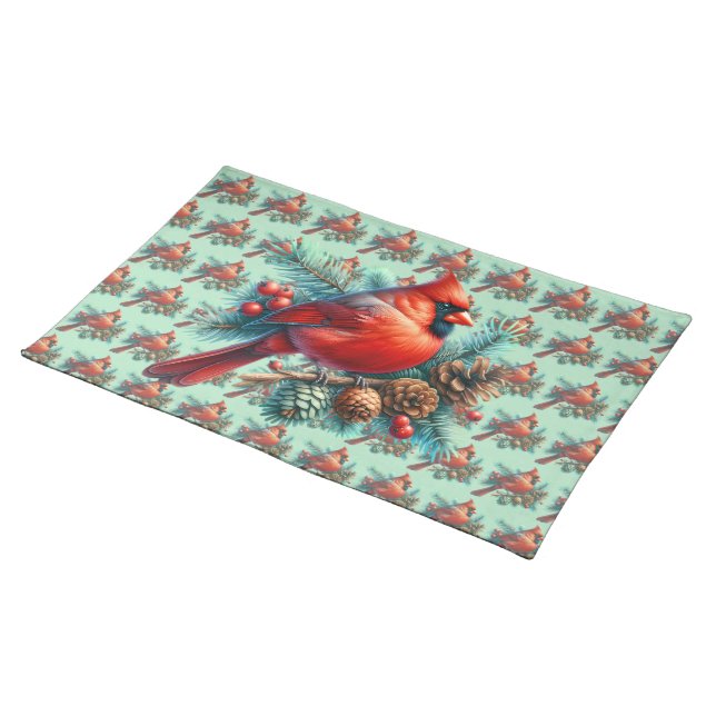 Cardinal on Pine Branch with Winter Berries Cloth Placemat (On Table)