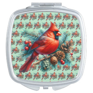 Cardinal on Pine Branch with Winter Berries Compact Mirror