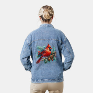 Cardinal on Pine Branch with Winter Berries Denim Jacket