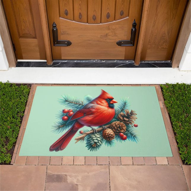 Cardinal on Pine Branch with Winter Berries Doormat (Outdoor)