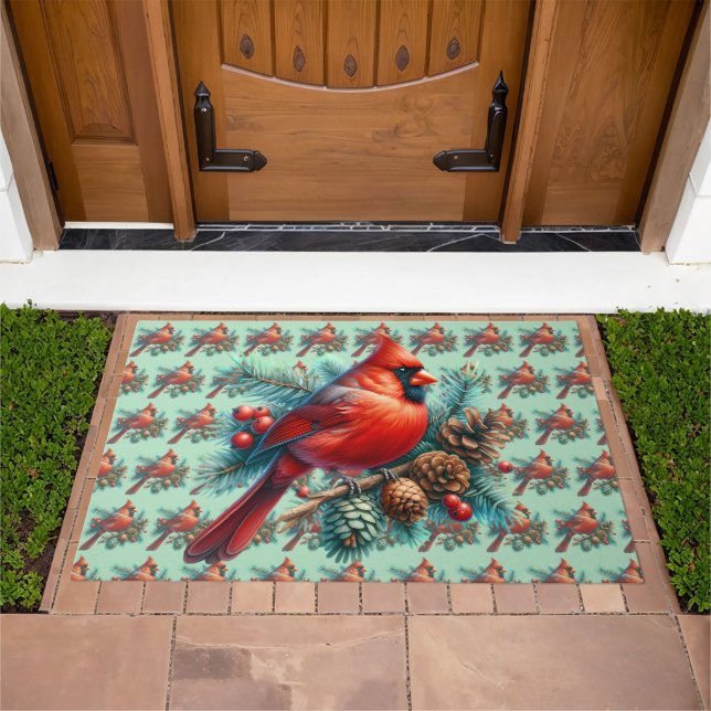 Cardinal on Pine Branch with Winter Berries Doormat (Outdoor)