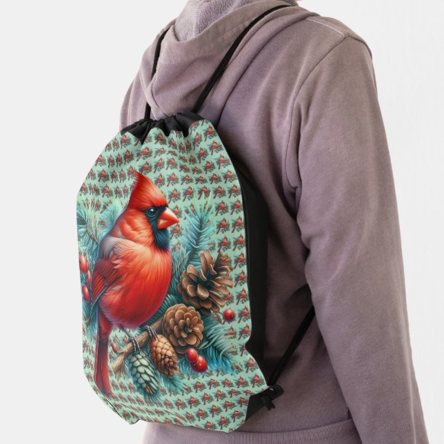 Cardinal on Pine Branch with Winter Berries Drawstring Bag (Insitu)