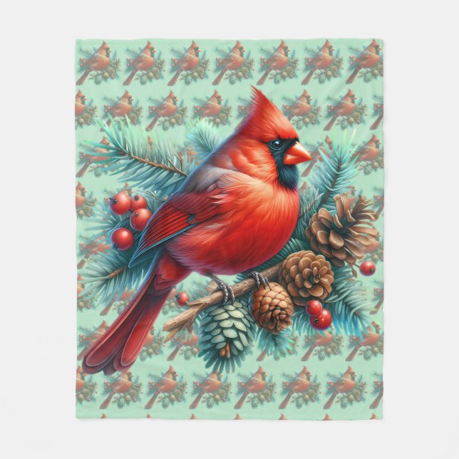 Cardinal on Pine Branch with Winter Berries Fleece Blanket (Front)