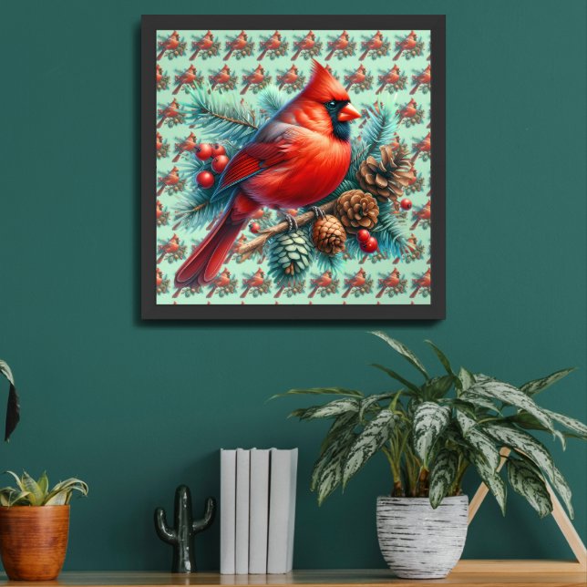 Cardinal on Pine Branch with Winter Berries Framed Art (Living Room 2)