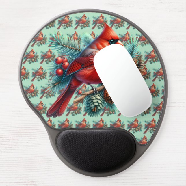Cardinal on Pine Branch with Winter Berries Gel Mouse Pad (Left Side)