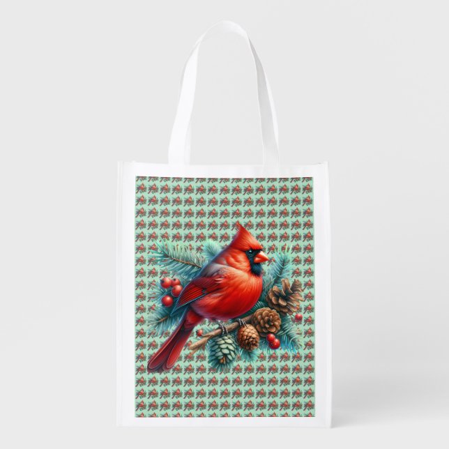 Cardinal on Pine Branch with Winter Berries Grocery Bag (Front)