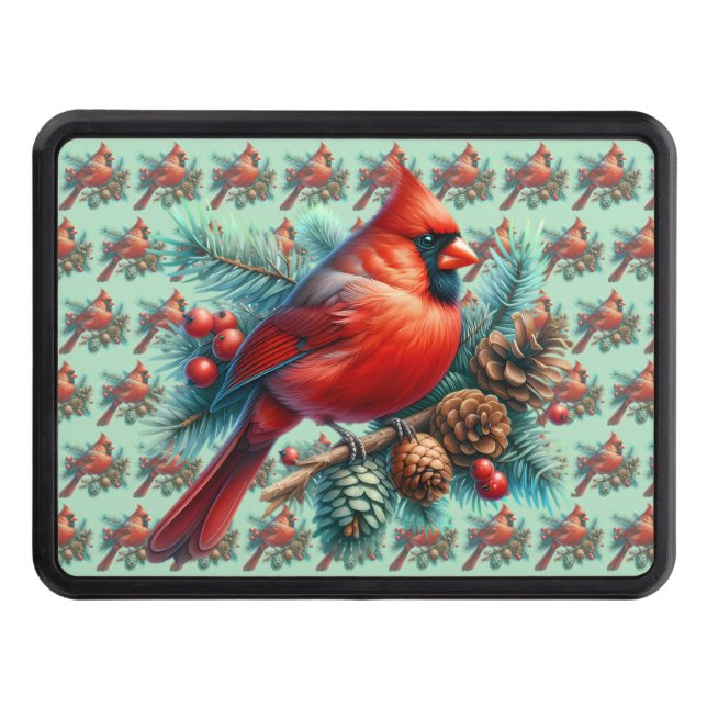 Cardinal on Pine Branch with Winter Berries Hitch Cover (Front)