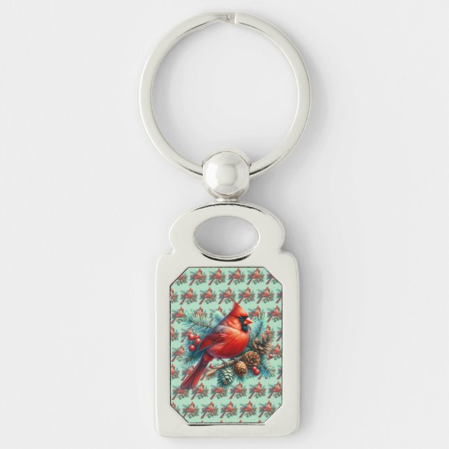 Cardinal on Pine Branch with Winter Berries Keychain (Front)