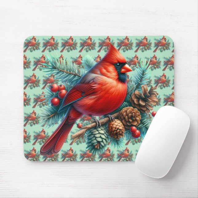 Cardinal on Pine Branch with Winter Berries Mouse Pad (With Mouse)
