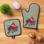 Cardinal on Pine Branch with Winter Berries Oven Mitt &amp; Pot Holder Set
