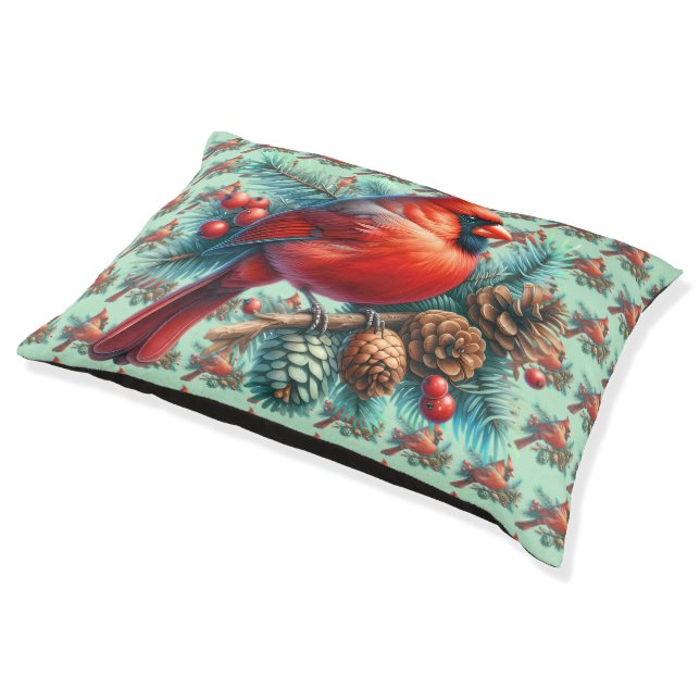 Cardinal on Pine Branch with Winter Berries Pet Bed (Angled)