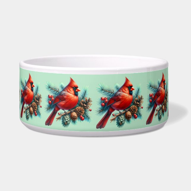Cardinal on Pine Branch with Winter Berries Pet Bowl (Front)