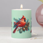 Cardinal on Pine Branch with Winter Berries Pillar Candle