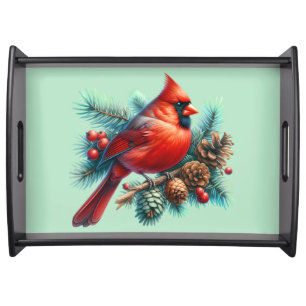 Cardinal on Pine Branch with Winter Berries Serving Tray