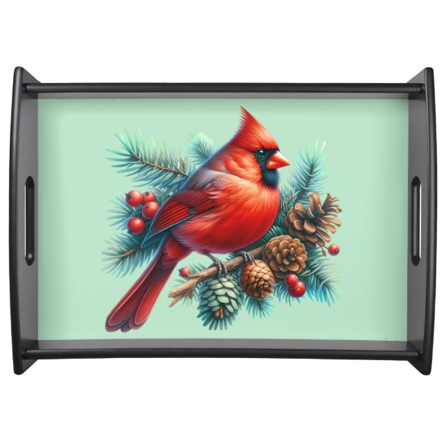 Cardinal on Pine Branch with Winter Berries Serving Tray (Front)