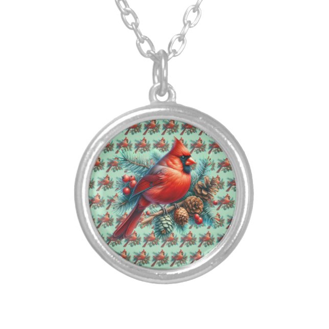 Cardinal on Pine Branch with Winter Berries Silver Plated Necklace (Front)