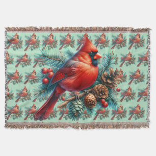 Cardinal on Pine Branch with Winter Berries Throw Blanket