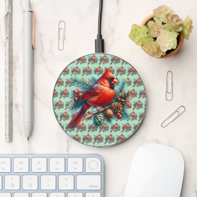 Cardinal on Pine Branch with Winter Berries Wireless Charger (Desk)
