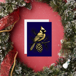 Cardinal On Pine Tree With Pinecone Christmas Foil Holiday Card