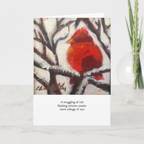 Cardinal on snowy branch blank folded card
